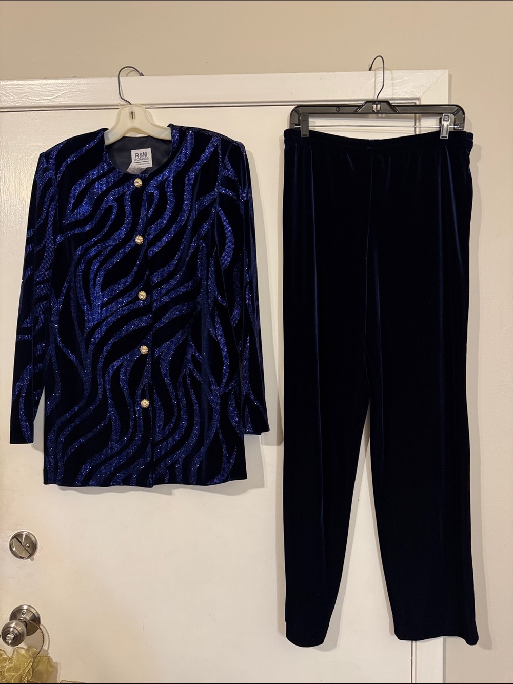 R&M Richards Navy Velvet Glitter Jacket & Straight Leg Pants